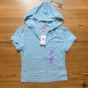 NWT Juicy Couture‎ blue velour cloth full zip hooded short sleeve top SIZE S